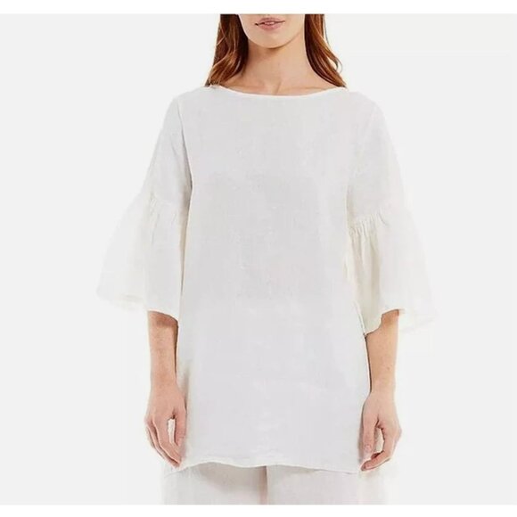 Bryn Walker Linen Round Neck Ruffle 3/4 Bell Sleeve Tunic Top White Medium - Picture 1 of 11